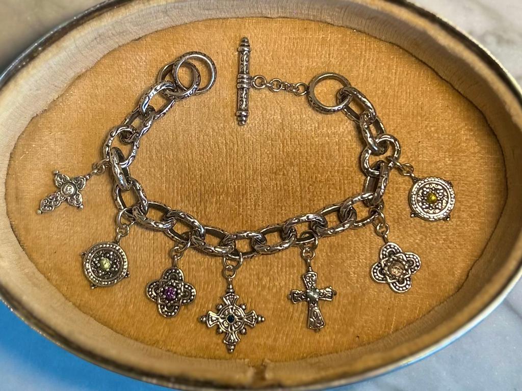 Prachtige vintage bedel armband 925 zilver, gekleurde stenen, Ophalen of Verzenden, Zilver, Zilver, Met bedels of kralen