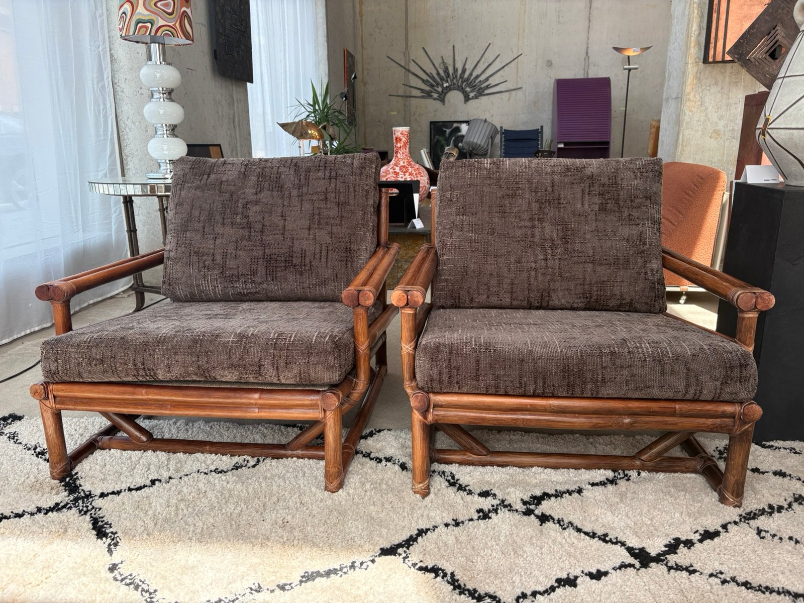 Set (3) Mc Guire fauteuils en tafeltje, Huis en Inrichting, Ophalen, 75 tot 100 cm, Stof, 50 tot 75 cm