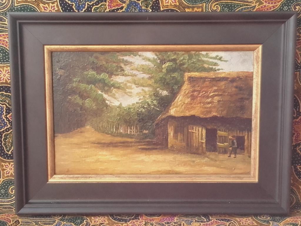 Mooi oud ingelijst olieverf schilderij op paneel 27-37 cm., Ophalen of Verzenden