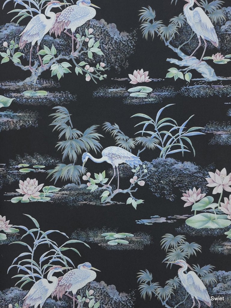 5098 vintage behang met reigers en waterplanten swiet, Ophalen of Verzenden, Blauw