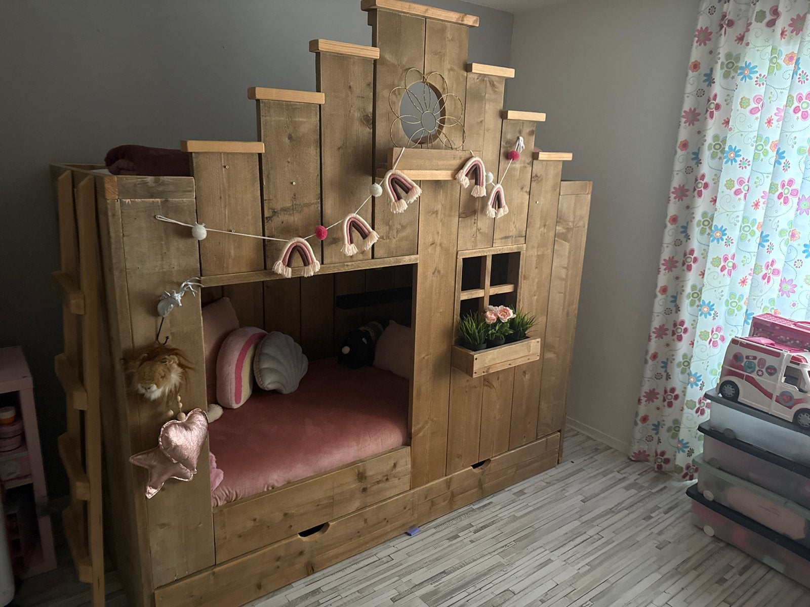 Mooi steigerhouten huisjesbed - Zeer nette staat, Ophalen, Hoogslaper of Stapelbed, 180 cm of meer, 100 cm of meer