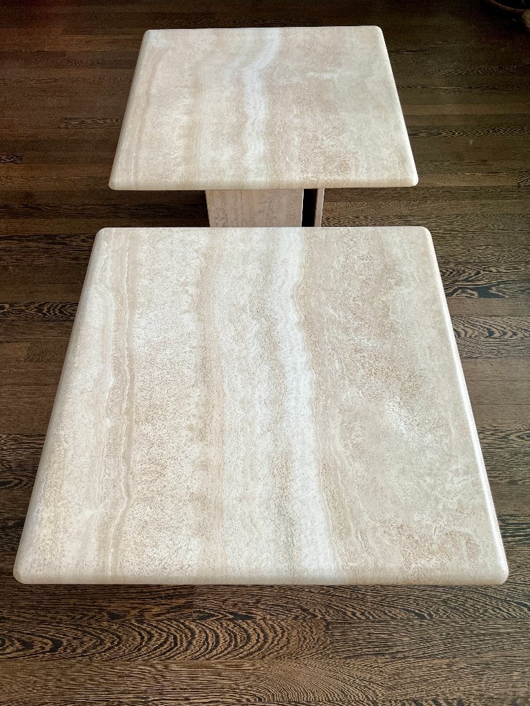 Vintage bijzettafels | Italiaans travertin, Huis en Inrichting, Minder dan 45 cm, Vierkant, Zo goed als nieuw, 55 tot 75 cm