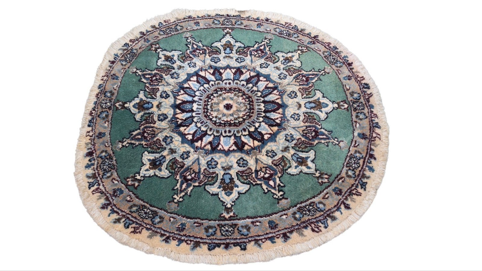 Handgeknoopt Perzisch wol Naïn rond tapijt green 80x80cm, Crème, 50 tot 100 cm, Rond, Www.hypepopup.nl