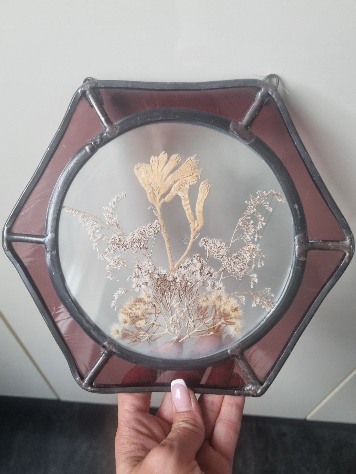 Vintage glas-in-lood hexagon met gedroogde bloemen, Ophalen of Verzenden