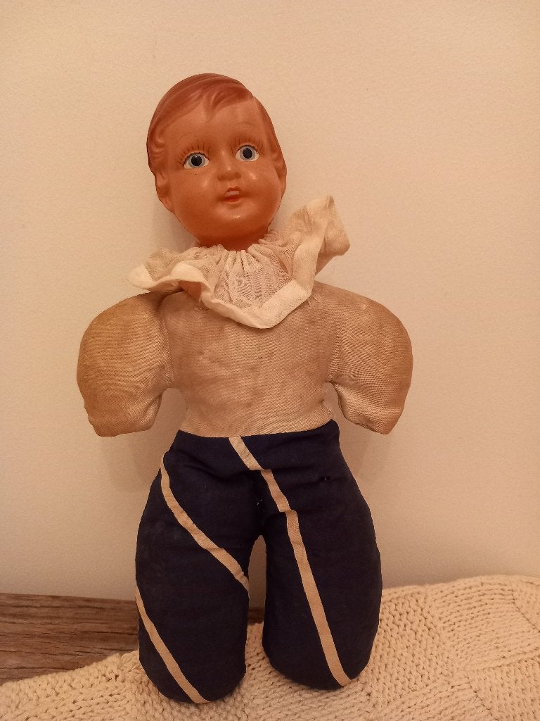 leuk oud stoffen popje met celluloid hoofdje 23 cm., Antiek en Kunst, Ophalen of Verzenden