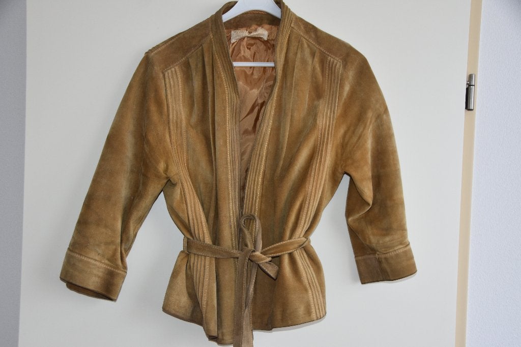Vintage suede Graumann leren jas maat 42 jasje retro 60s, Verzenden, Gedragen, Maat 42/44 (L), Beige