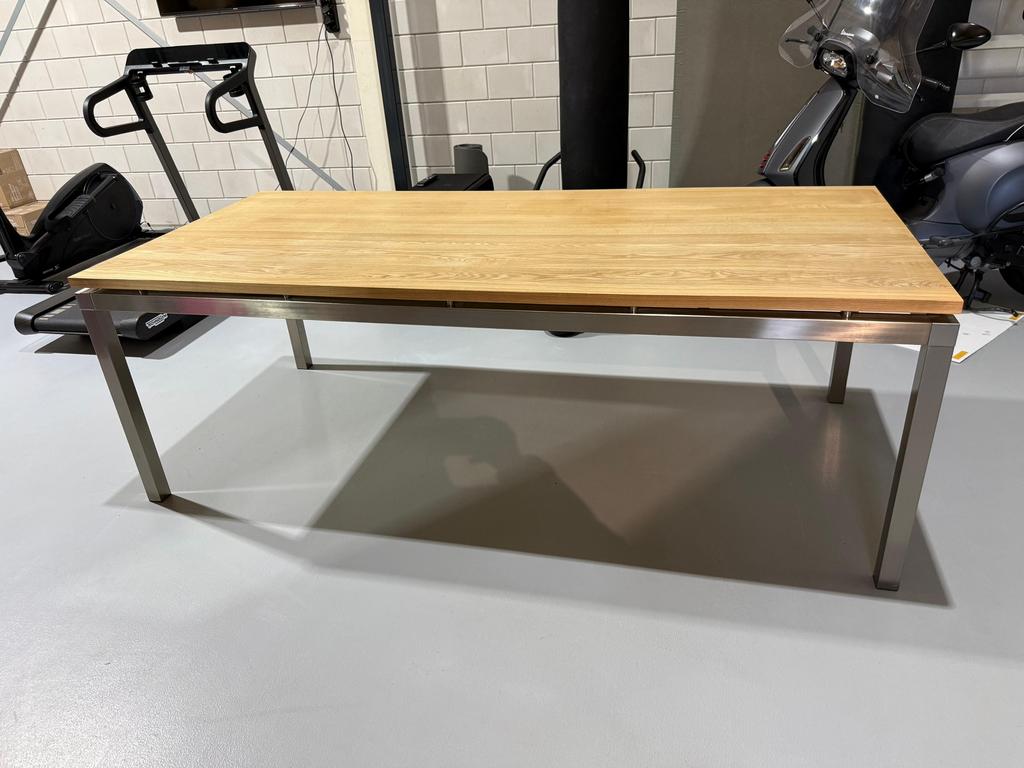 Eikenhouten (eet) tafel bureau rvs onderstel 220 x 100 cm, Ophalen, Gebruikt, 200 cm of meer, 50 tot 100 cm