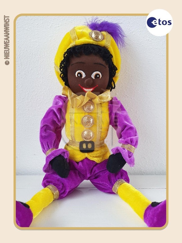 Nostalgische Etos etalage Piet pop - geel/paars - 45cm, Diversen, Verzenden, Zo goed als nieuw