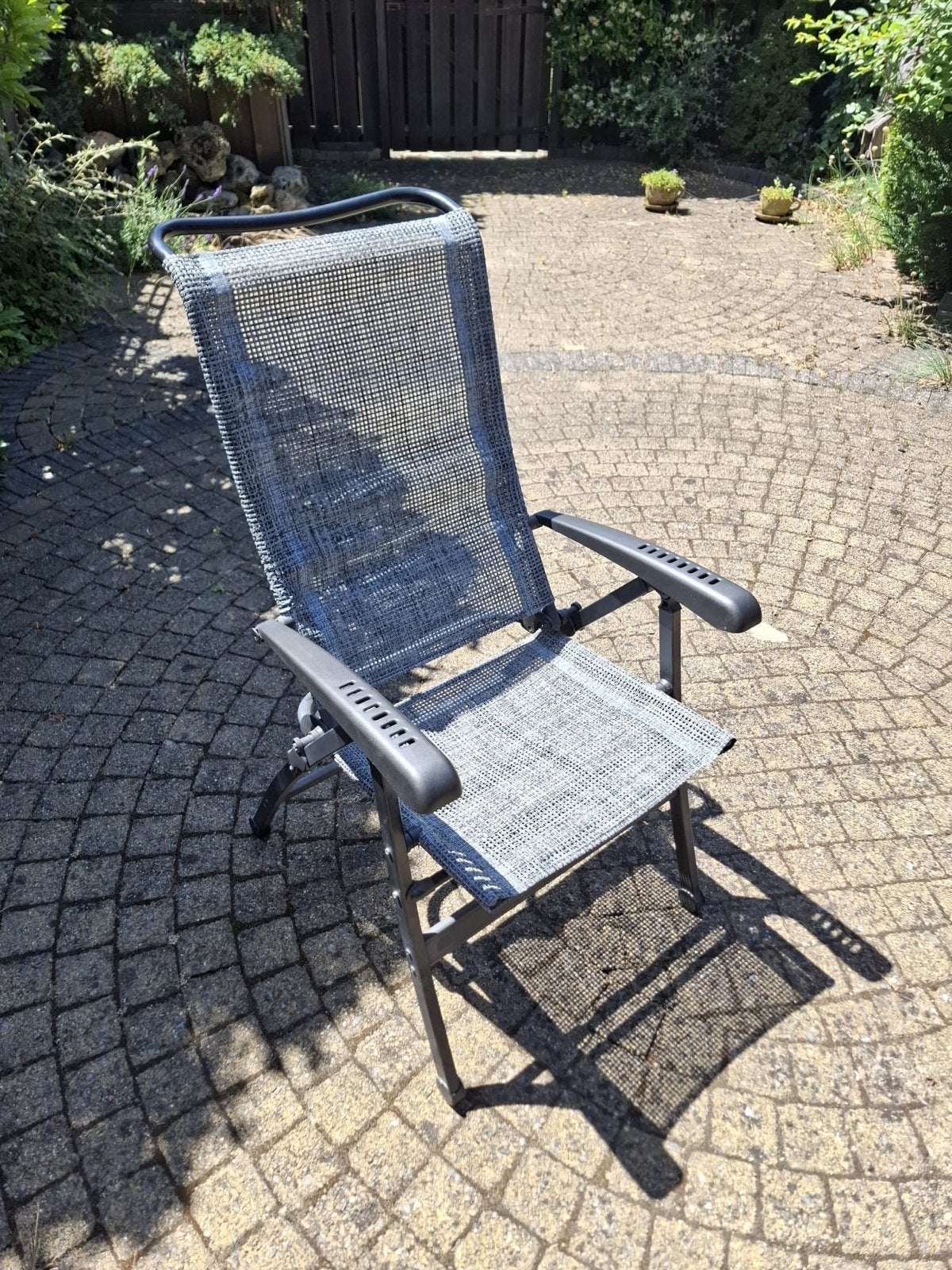 Grijze tuinstoel, verstelbaar en inklapbaar, Tuin en Terras, Tuinstoelen, Ophalen, Gebruikt, Textileen, Inklapbaar