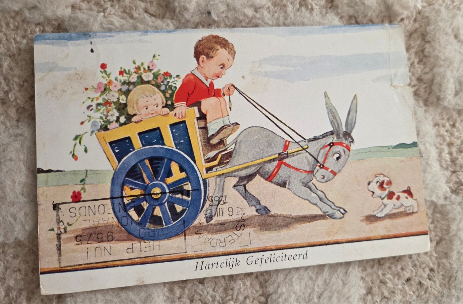 Hartelijk Gefeliciteerd met ezel en kind, Verzenden, 1940 tot 1960, Gelopen, Kinderen