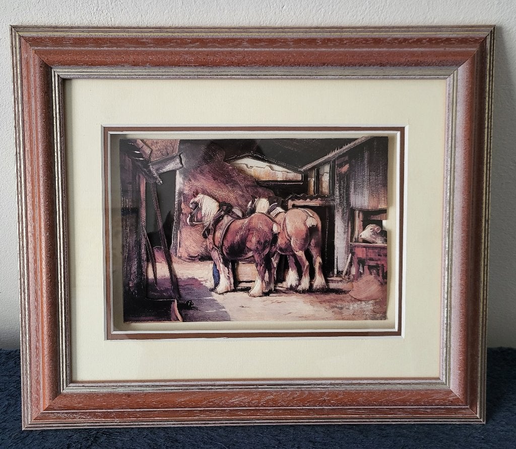 mooi schilderij paarden in stal + brede lijst achter glas, Minder dan 50 cm, Verzenden, Overige typen, Zo goed als nieuw