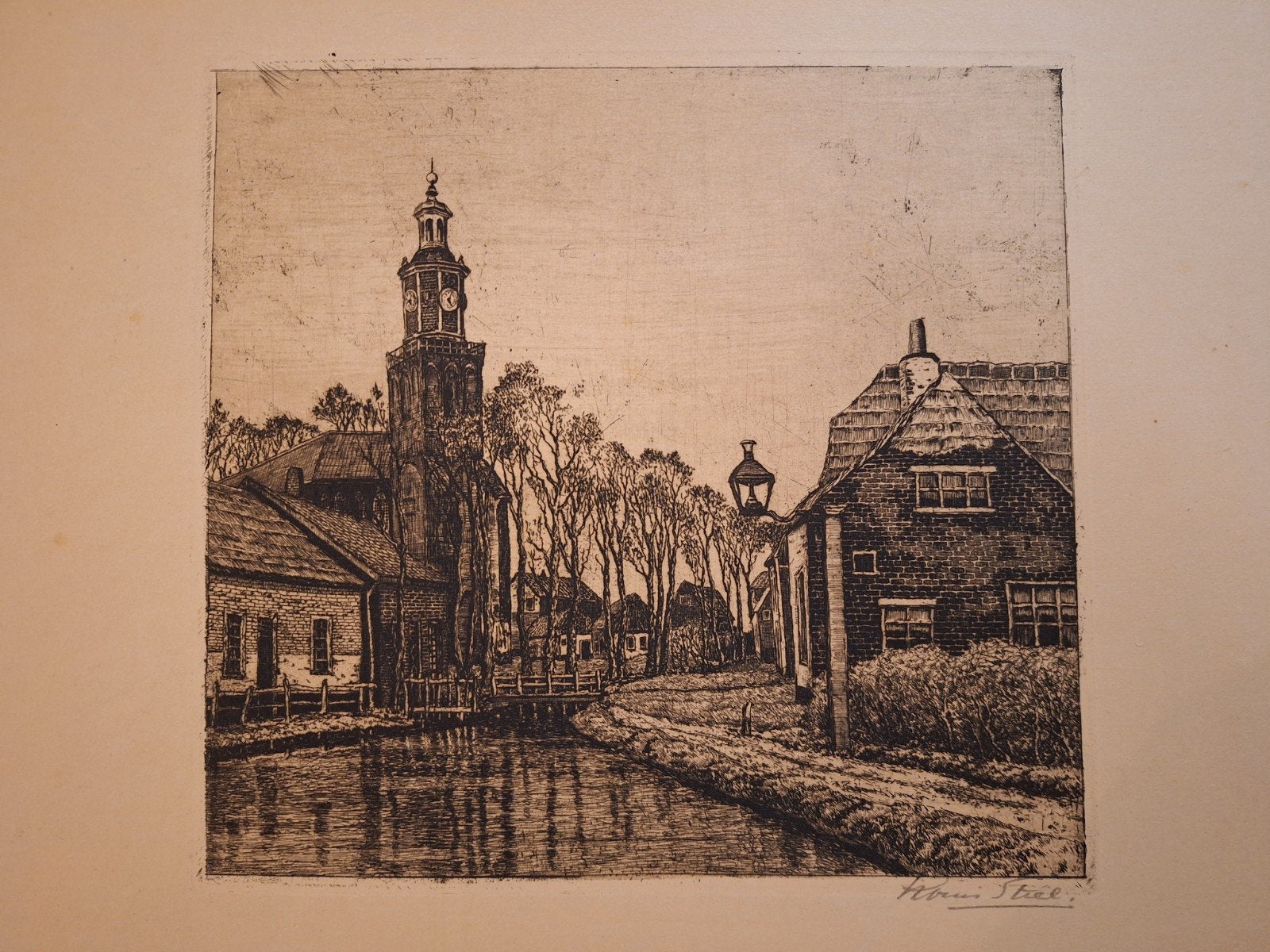 Ets 'Dorpje' van Louis Stiel, Antiek en Kunst, Ets, Stadsgezicht, Ophalen of Verzenden, Gesigneerd