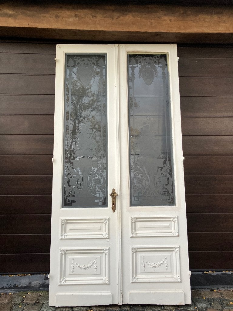 Hoge antieke dubbele ensuite deur met art-deco geëtst glas !, Ophalen, Binnendeur, Zo goed als nieuw, Glas