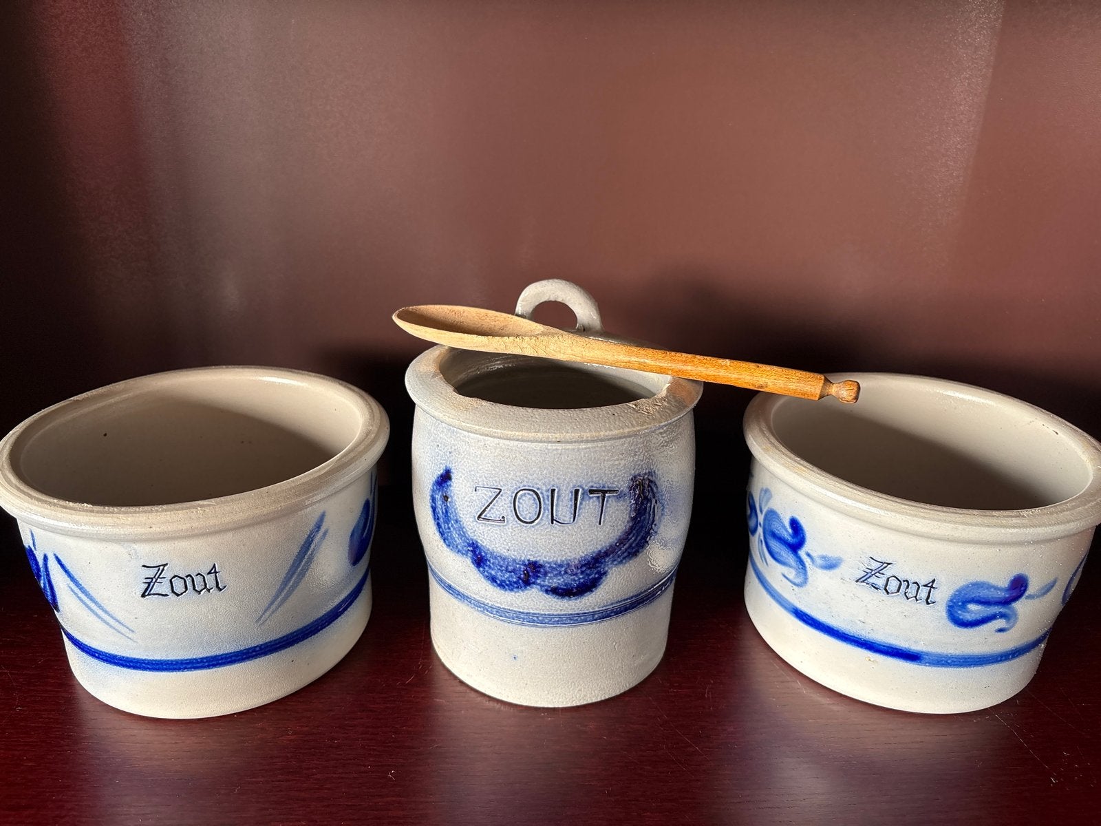 Set van 3 antieke zoutpotten met lepel, Ophalen of Verzenden