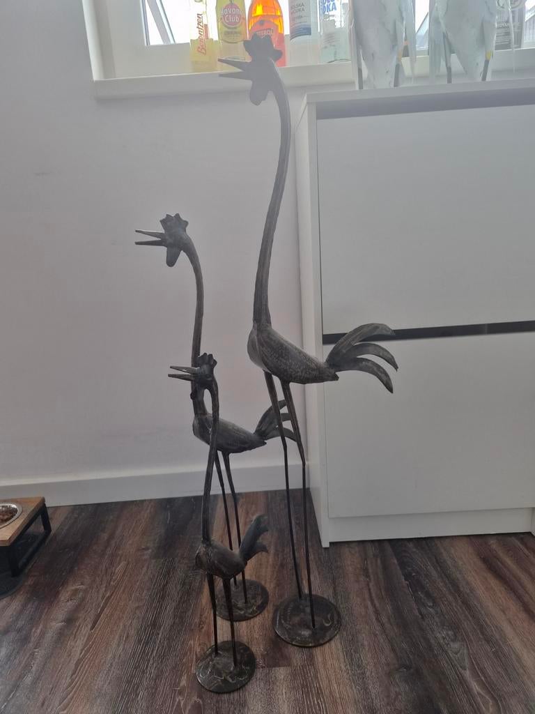 Set van 3 metalen vogelbeelden - Tuindecoratie, Antiek en Kunst, Gepatineerd, Beeld, Bruin, Metaal