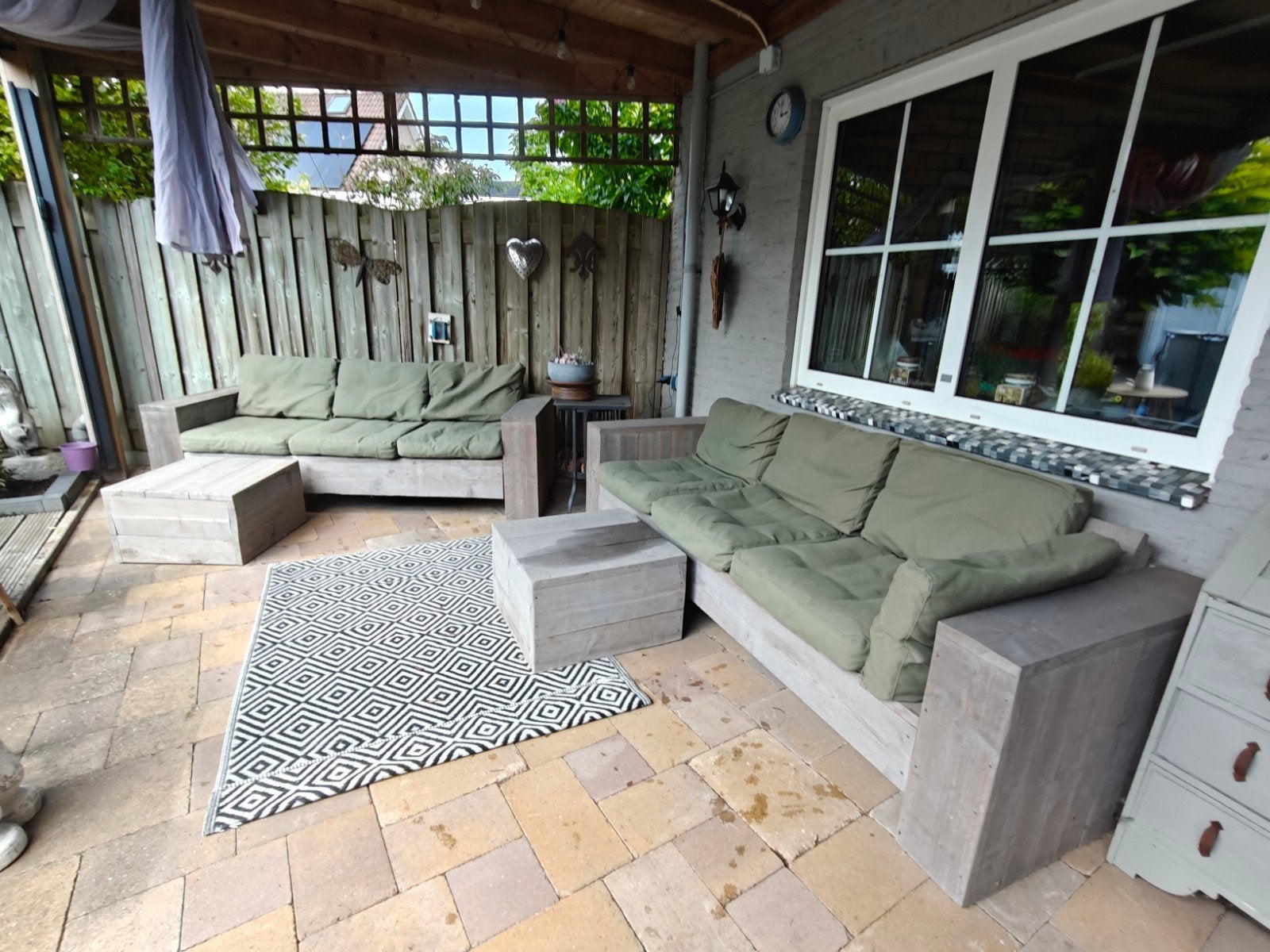 Steigerhouten loungeset met kussens, Ophalen, Gebruikt, Bank, Steigerhout