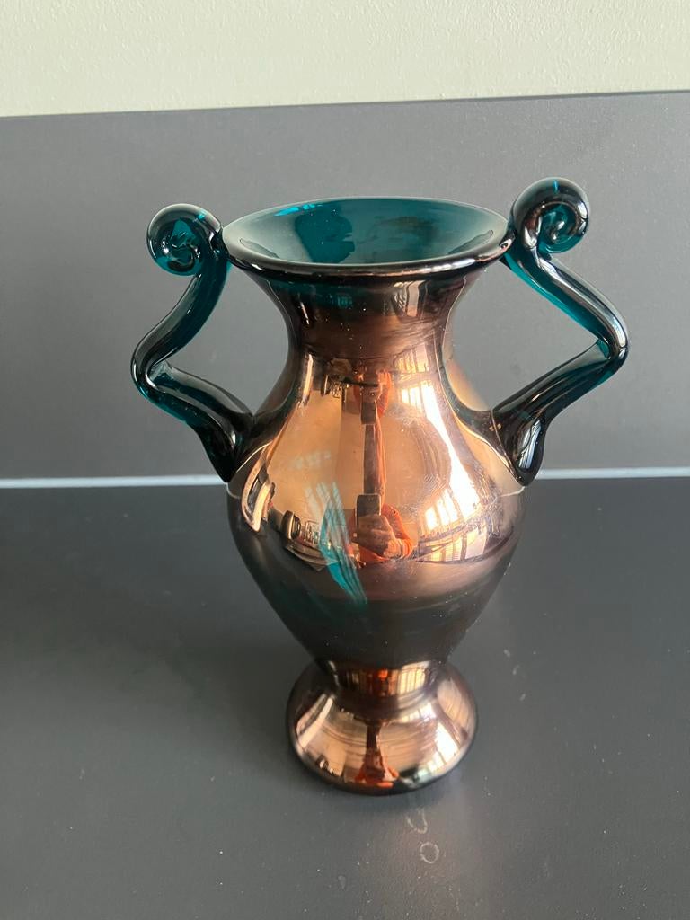 Vintage Hortensja Geblazen Glas Vaas Turquoise/Koperkleurig, Antiek en Kunst, Antiek | Vazen, Ophalen of Verzenden