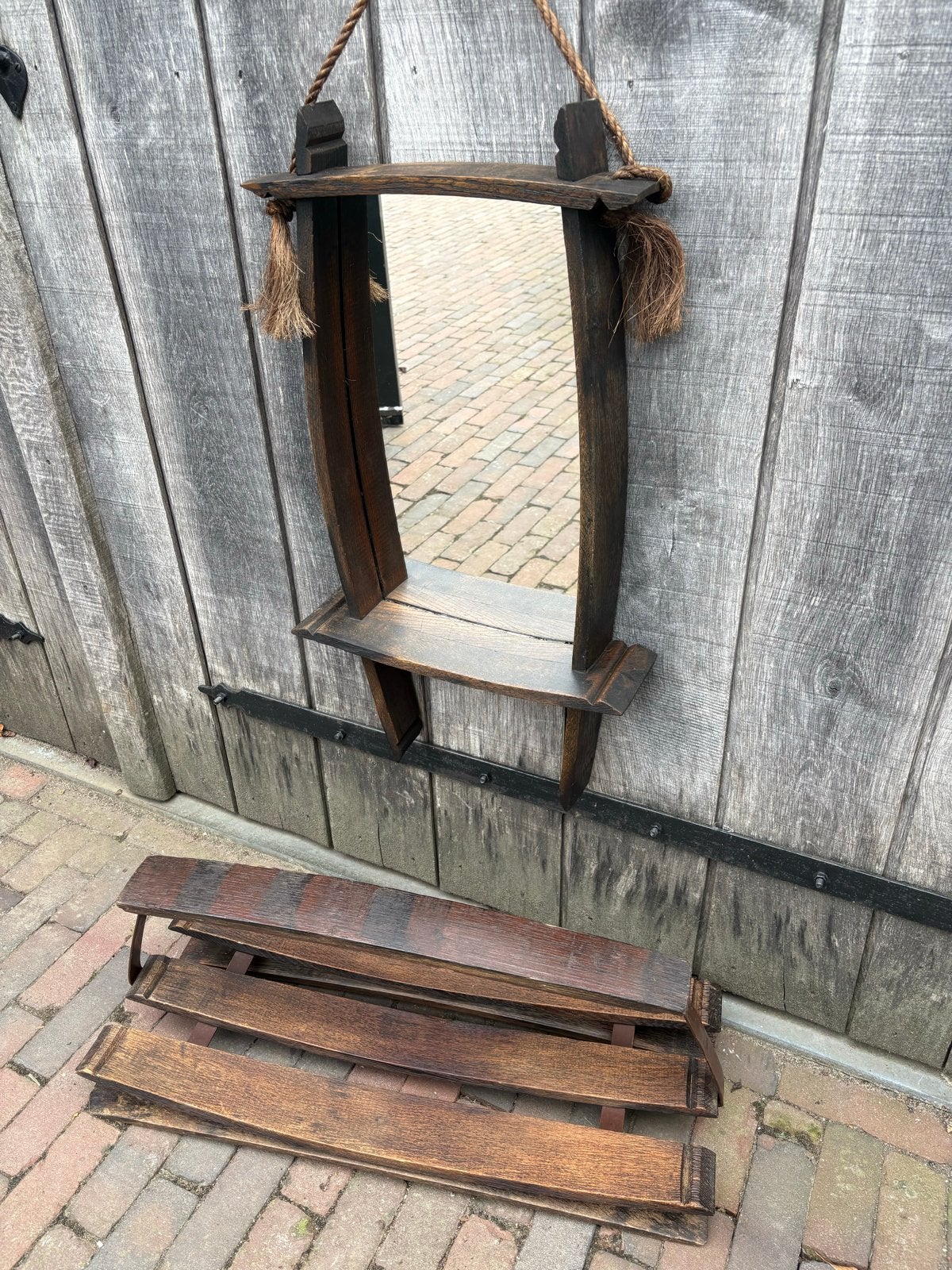 Unieke spiegel van eikenhoutduigen van wijnvat en lectuurbak, Antiek en Kunst, Ophalen of Verzenden, Rechthoekig, Minder dan 50 cm