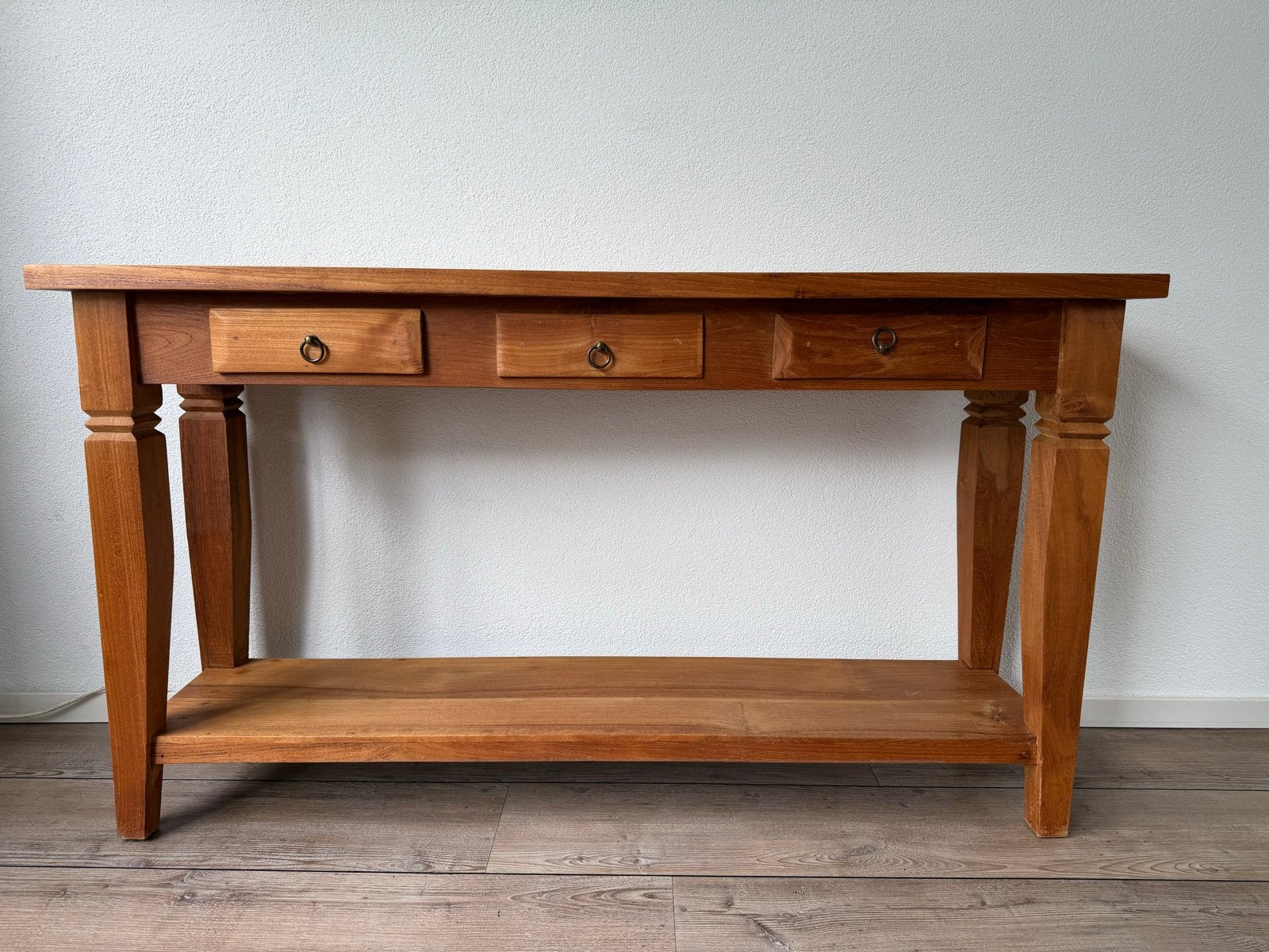 Teakhouten sidetable met lades en onderplank, Ophalen, Gebruikt, 100 tot 150 cm, Teakhout