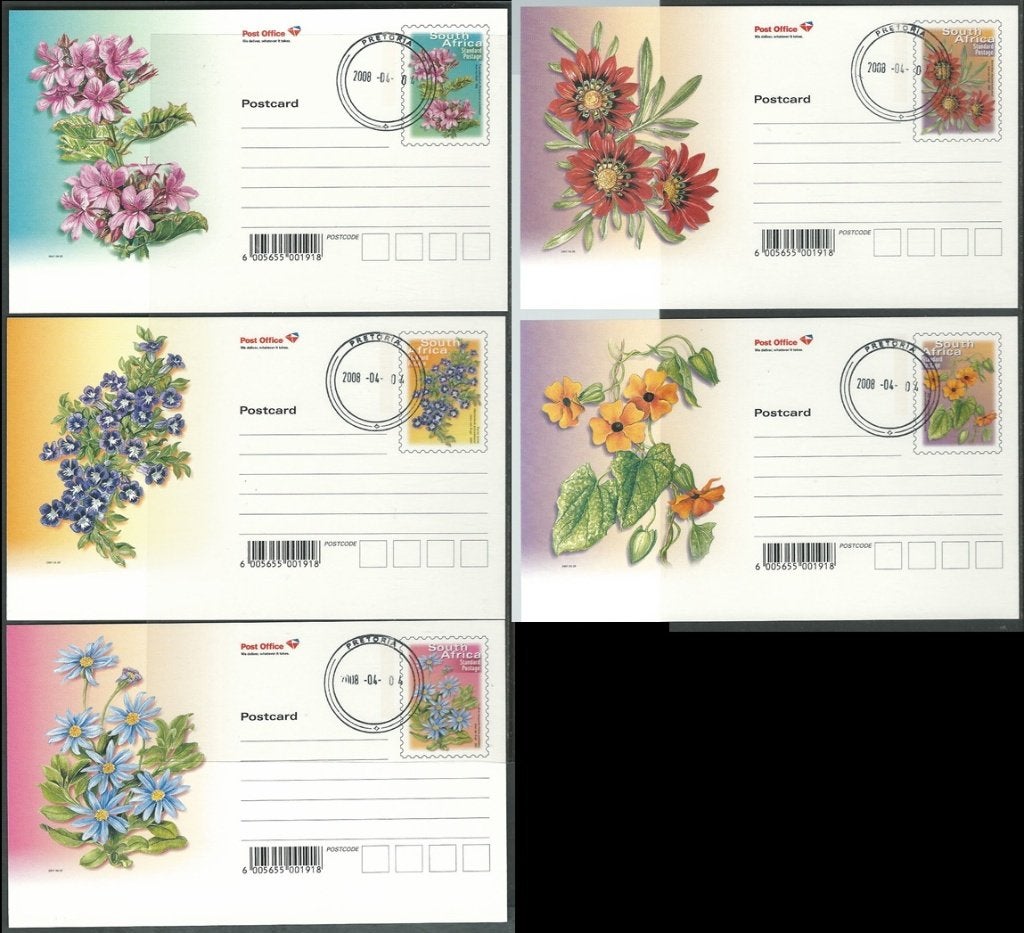 ZUID AFRIKA 2007 5x PP. Bloemen Postcards, CTO, Verzenden, Gestempeld, Dier of Natuur
