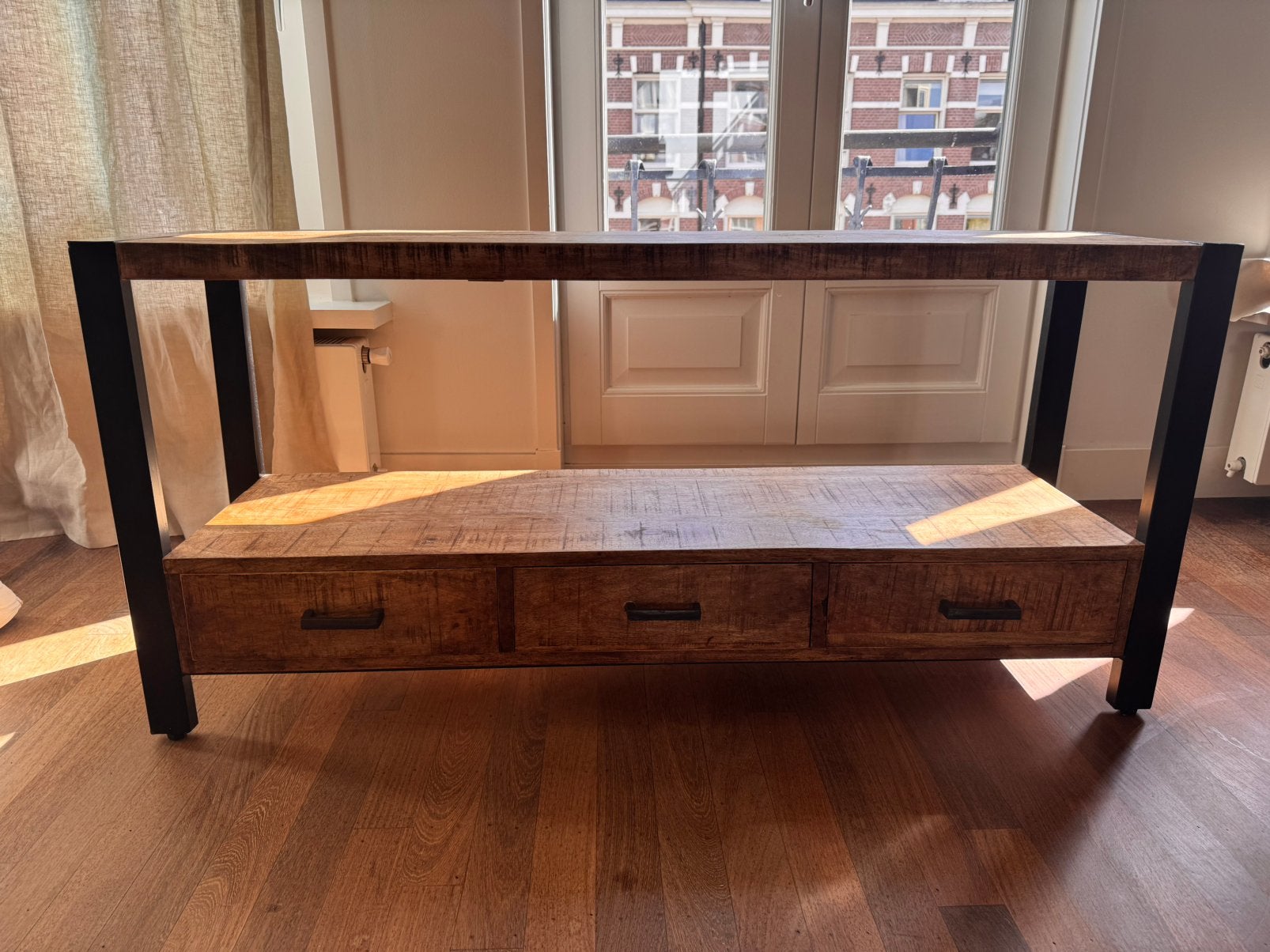 Robuust industrieel tv-meubel / sidetable hout & staal, 100 tot 150 cm, Zo goed als nieuw, Industrieel, Ophalen