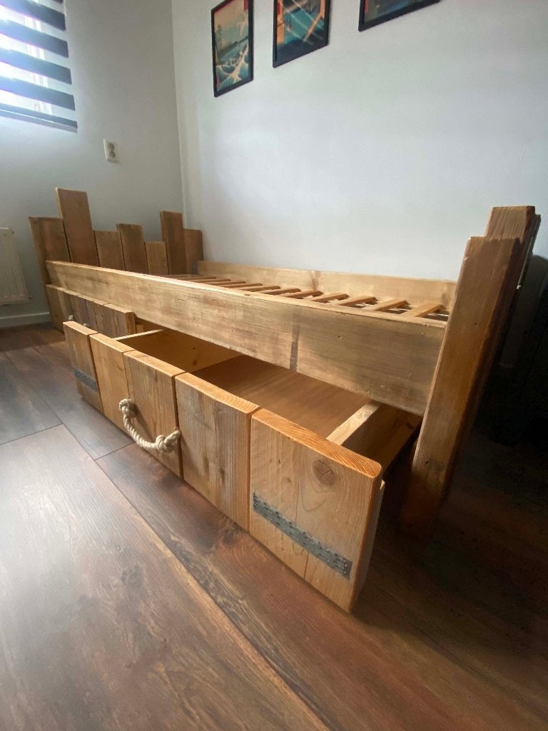 Steigerhouten 1-persoons bed/bedden met 2 lades (90x200), Ophalen, Gebruikt, 90 cm, Eenpersoons