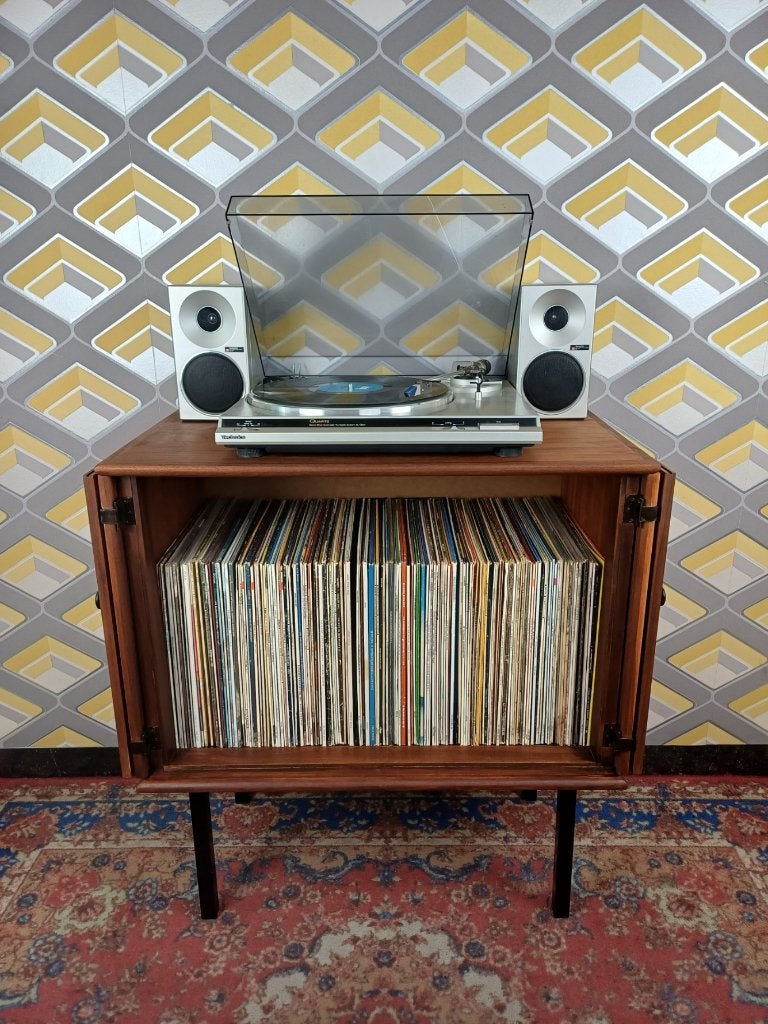 Vintage audiomeubel platenkast hout retro / mid-century, Ophalen, Gebruikt, 50 tot 100 cm, Midcentury