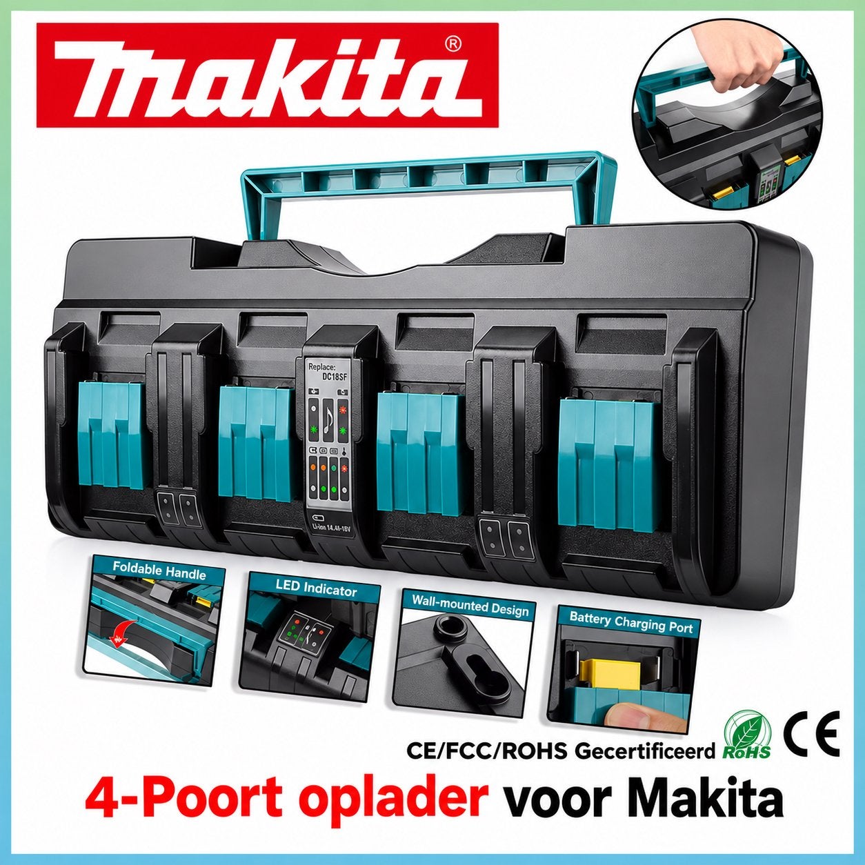Makita 14.4-18V Intelligente 4-poorts Oplader DC18RF met USB, Ophalen of Verzenden, Nieuw