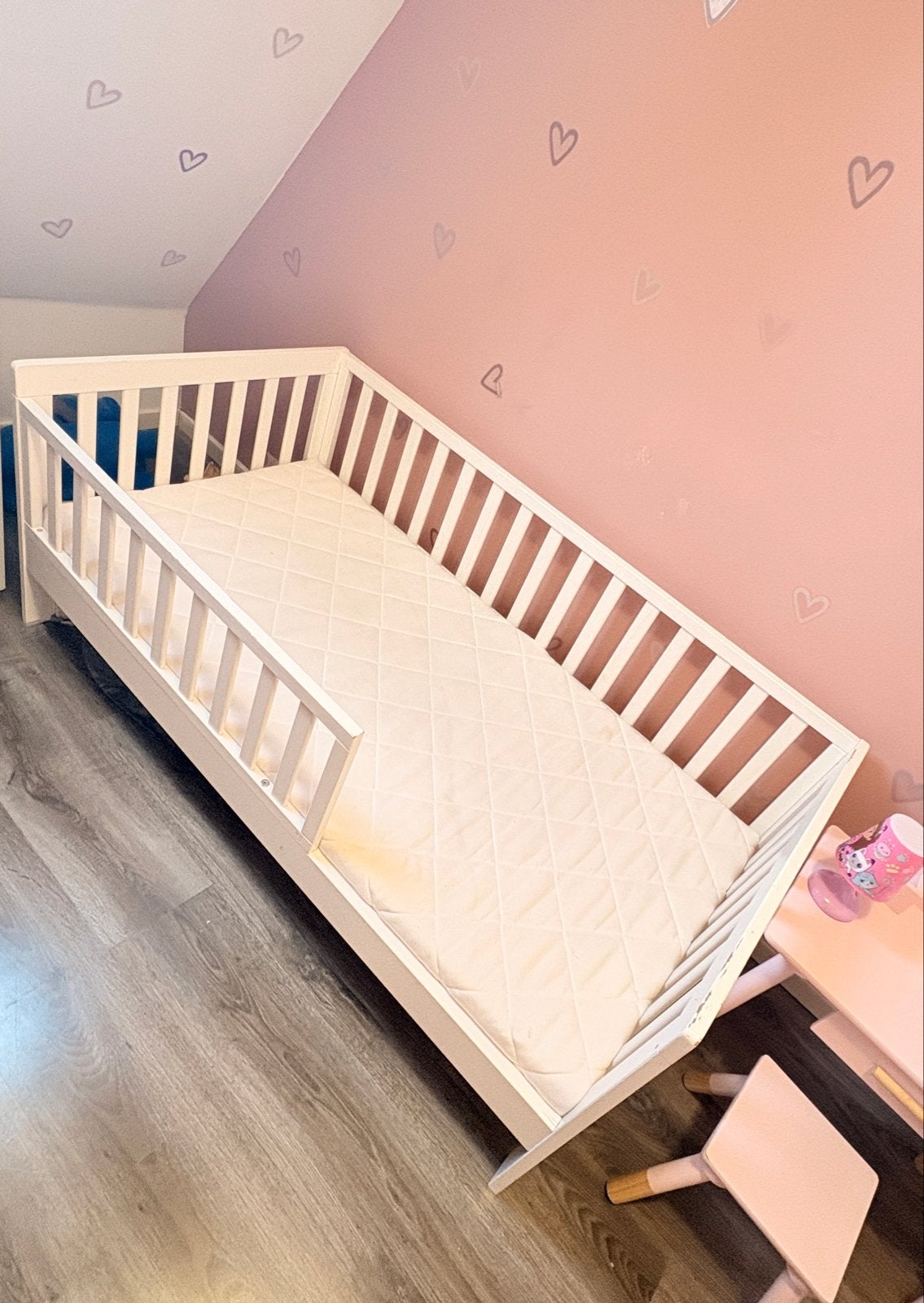 Wit kinderbedje met spijlen en matras - 145x75 cm, Ophalen, Gebruikt, 70 tot 85 cm, 140 tot 160 cm