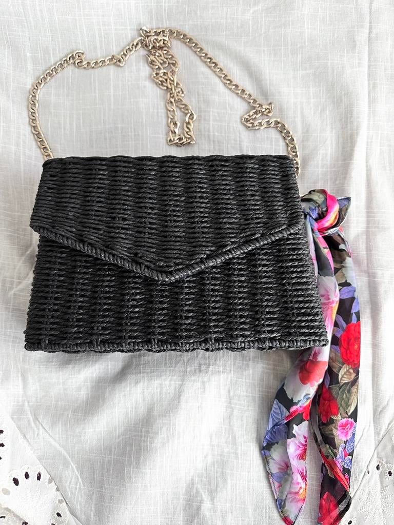 Forever new dames schoudertas stro rieten zwarte tas, Verzenden, Zo goed als nieuw, Zwart, Schoudertasje