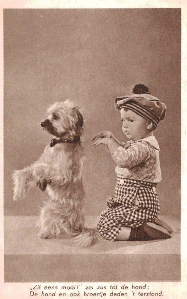 Oude ansichtkaart: Kind en hondje. Voor de dierenliefhebber, Ophalen of Verzenden, 1920 tot 1940, Gelopen, Hond of Kat