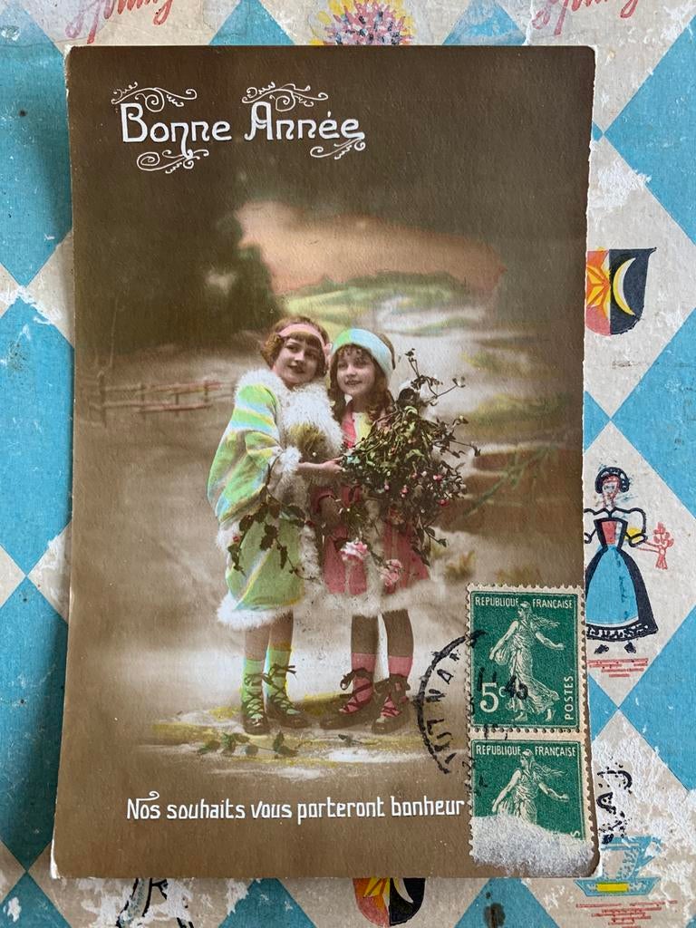 Bonne Année - twee meisjes, Ophalen of Verzenden, Voor 1920, Gelopen, Feest(dag)
