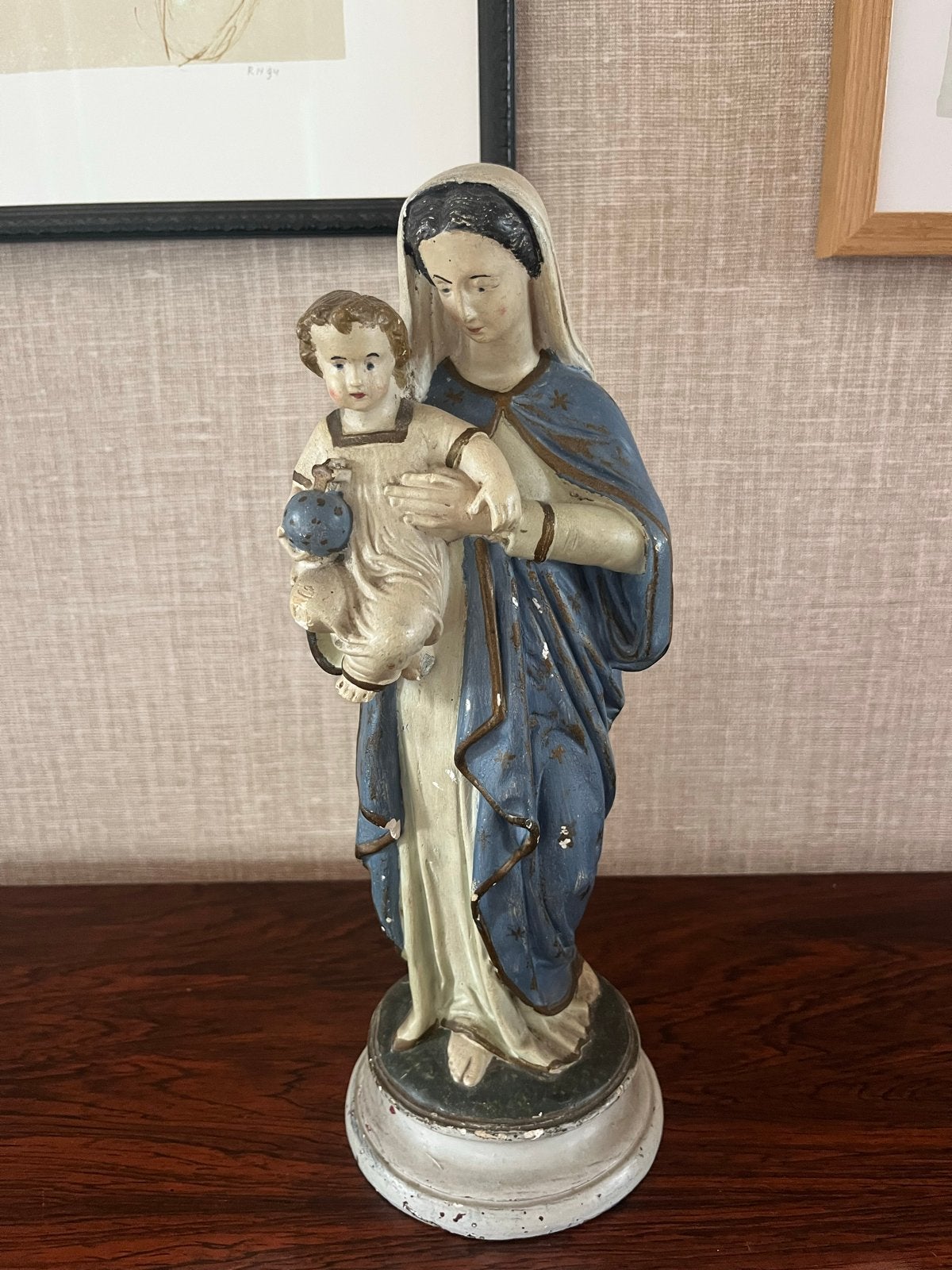 Antiek Mariabeeld met kindje Jezus - 32 cm hoog, Ophalen