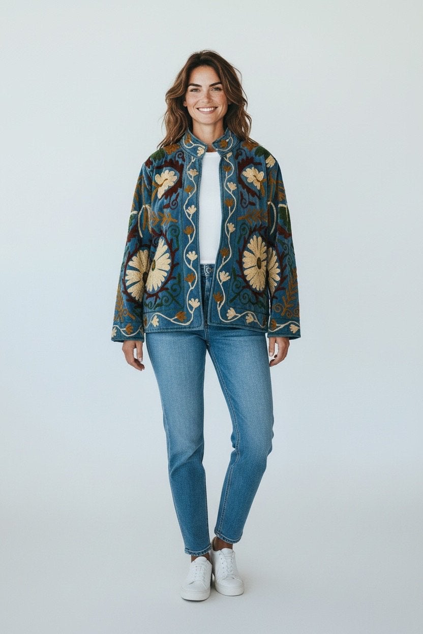 Jasje India Suzani fluweel blauw geborduurd one size, Maat 38/40 (M), Nieuw, Jasje, Verzenden