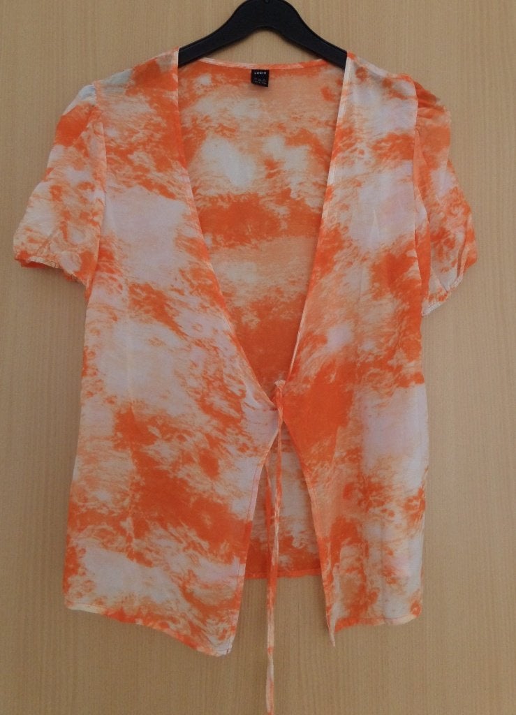 Transparante, tie dye wikkelblouse van Shein maat L, Ophalen of Verzenden, Zo goed als nieuw, Maat 42/44 (L), Oranje