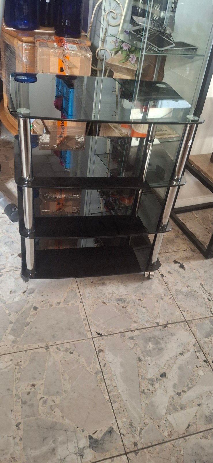 Audio meubel met glazen planken, Ophalen, Gebruikt, 50 tot 100 cm, Glas