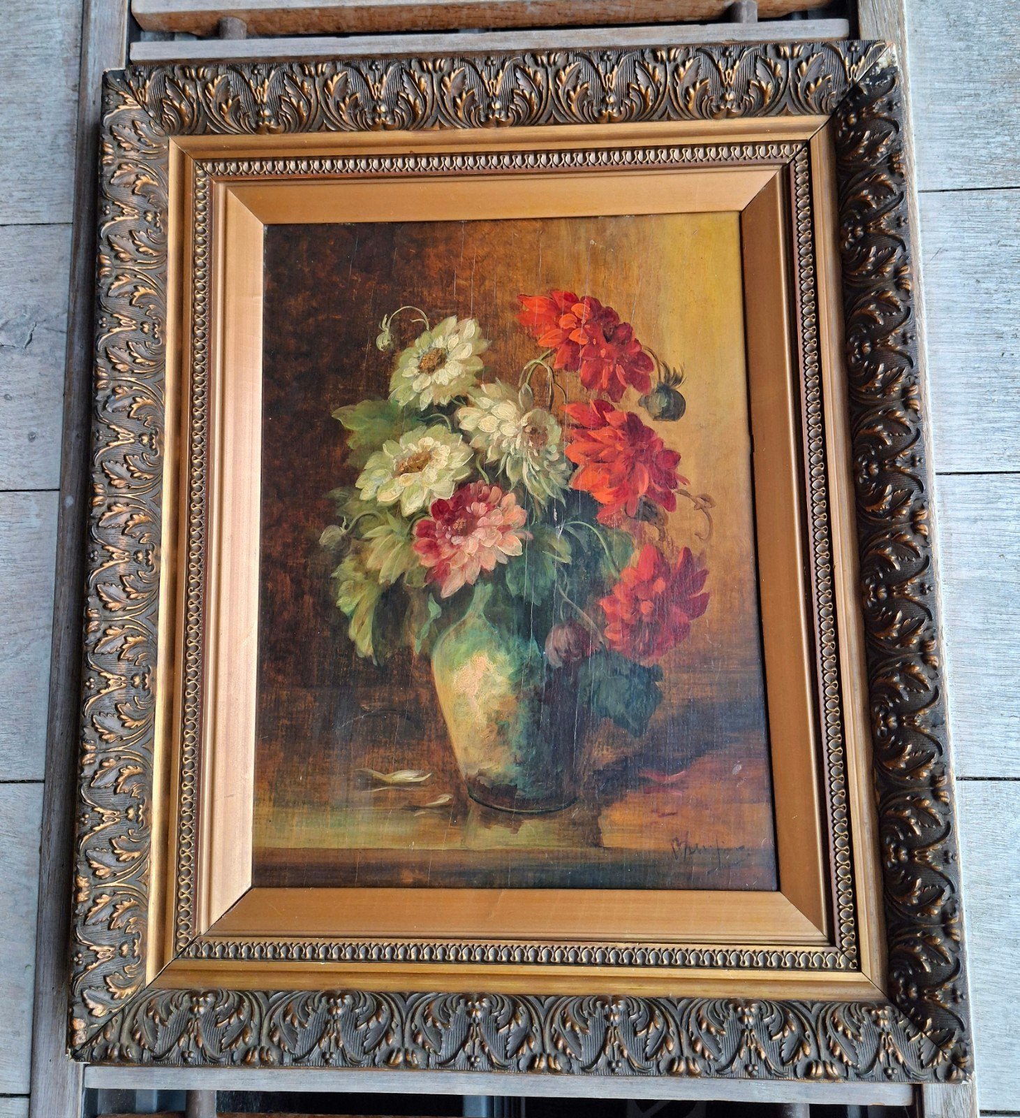 Olieverfschilderij Stilleven met Bloemen in Vaas, Paneel, Stilleven, Ophalen of Verzenden, Olieverf