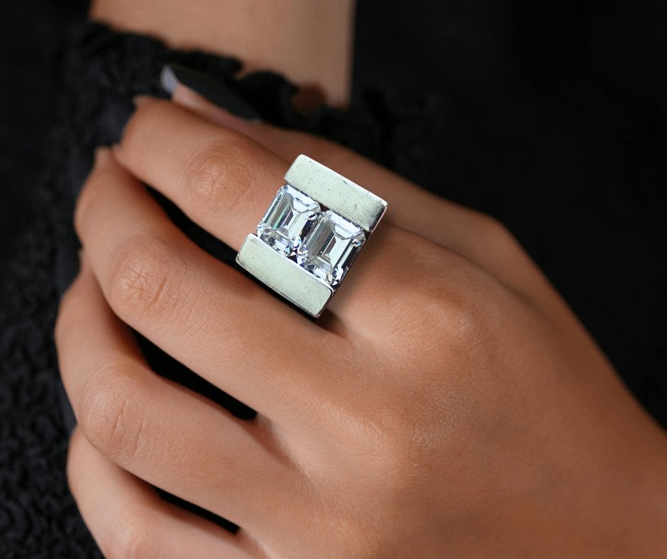 Robuuste zilveren MODERNIST kristalglas ring M16,5!, Met kristal, Verzenden, X, Dame