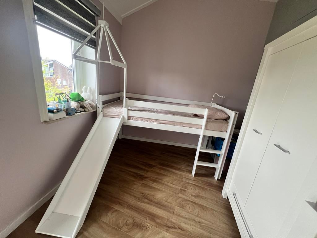 Halfhoogslaper met toren en glijbaan en gordijnen, Ophalen, Gebruikt, Halfhoogslaper