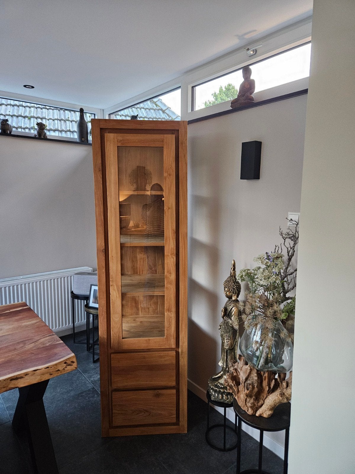 Te koop Teakhouten vitrinekast massief, 200 cm of meer, Teakhout, Met lade(s), 50 tot 100 cm