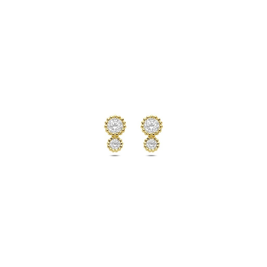 Gouden oorknopjes met dubbele zirkonia steentjes - 14 karaat, Sieraden, Tassen en Uiterlijk, Nieuw, Ophalen of Verzenden, Knopjes of Stekers