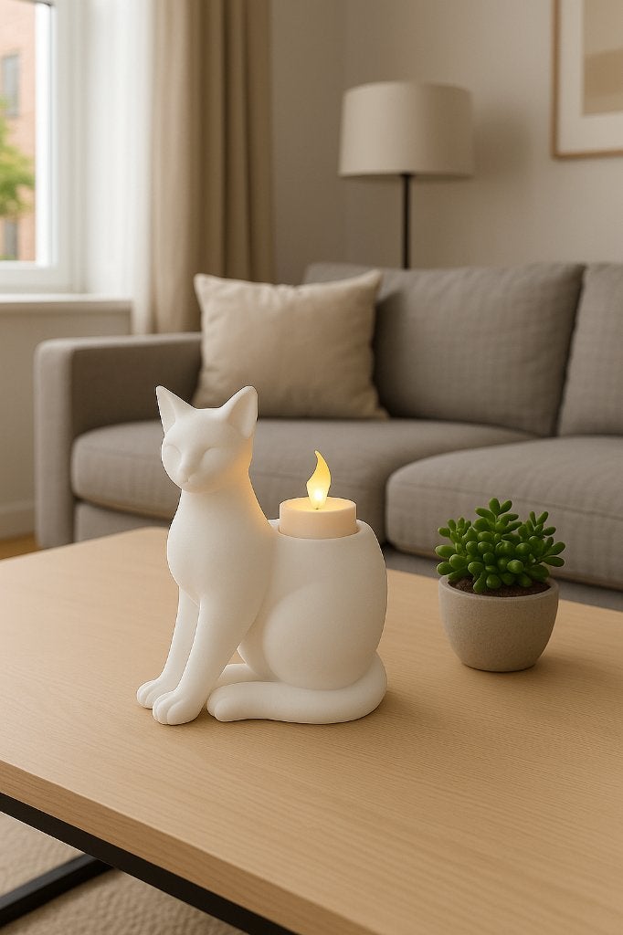 Witte Kat Waxinelichthouder met LED Waxinelicht, Kunststof, Wit, Waxinelichthouder, Nieuw