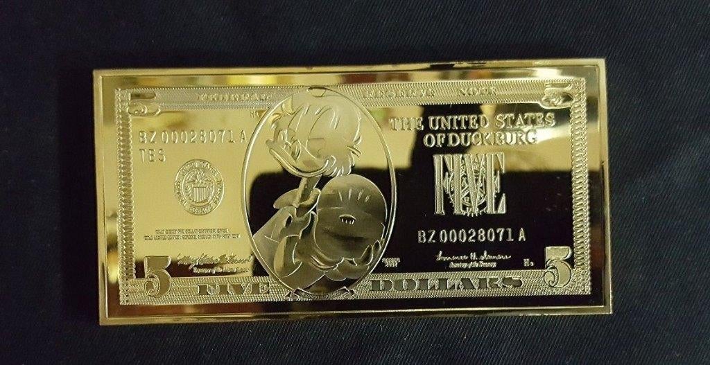 Dagobert Duck Gouden 5 Dollar Biljet Baar Walt Disney 24K V, Verzenden, Donald Duck, Zo goed als nieuw, Overige typen