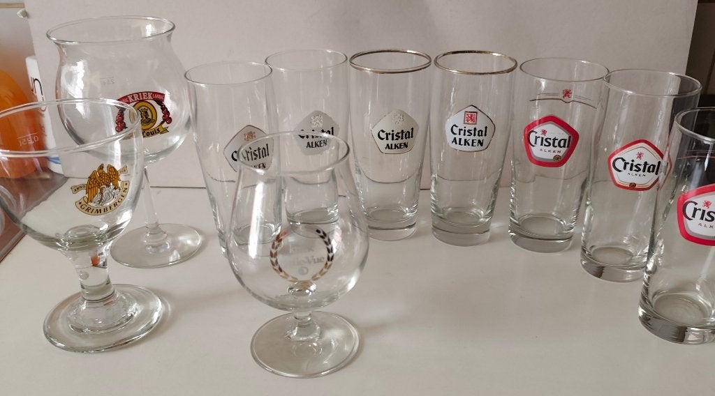 Bierglazen Cristal Alken, kriek Lambic, Grimbergen,belle-vue, Verzamelen, Ophalen, Zo goed als nieuw, Glas of Glazen, Overige merken