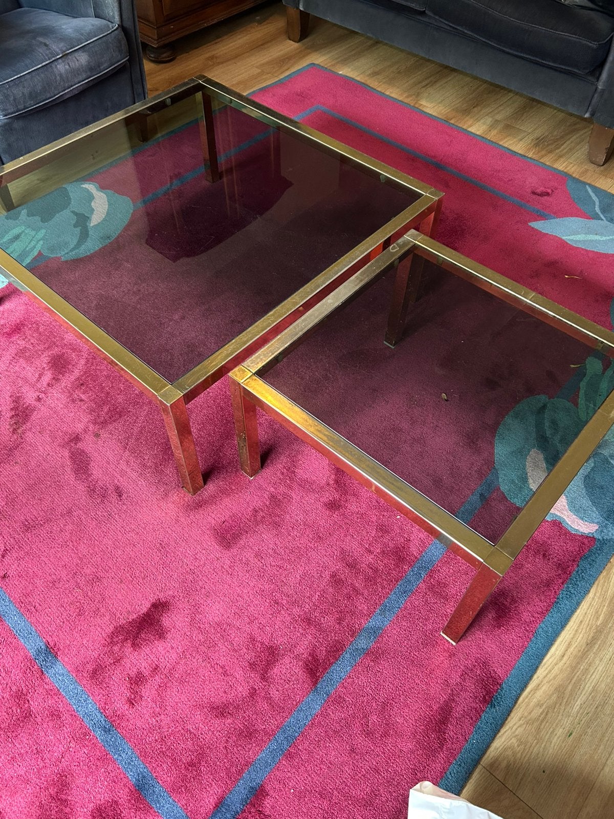 twee vintage Hollywood Regency tafels, Huis en Inrichting, Ophalen, 50 tot 100 cm, Rond, Glas