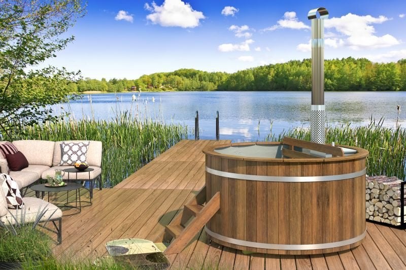 Hottub met interne RVS kachel Ø180 cm Thermowood, Ophalen, Tuindeco, Afdekzeil, Nieuw