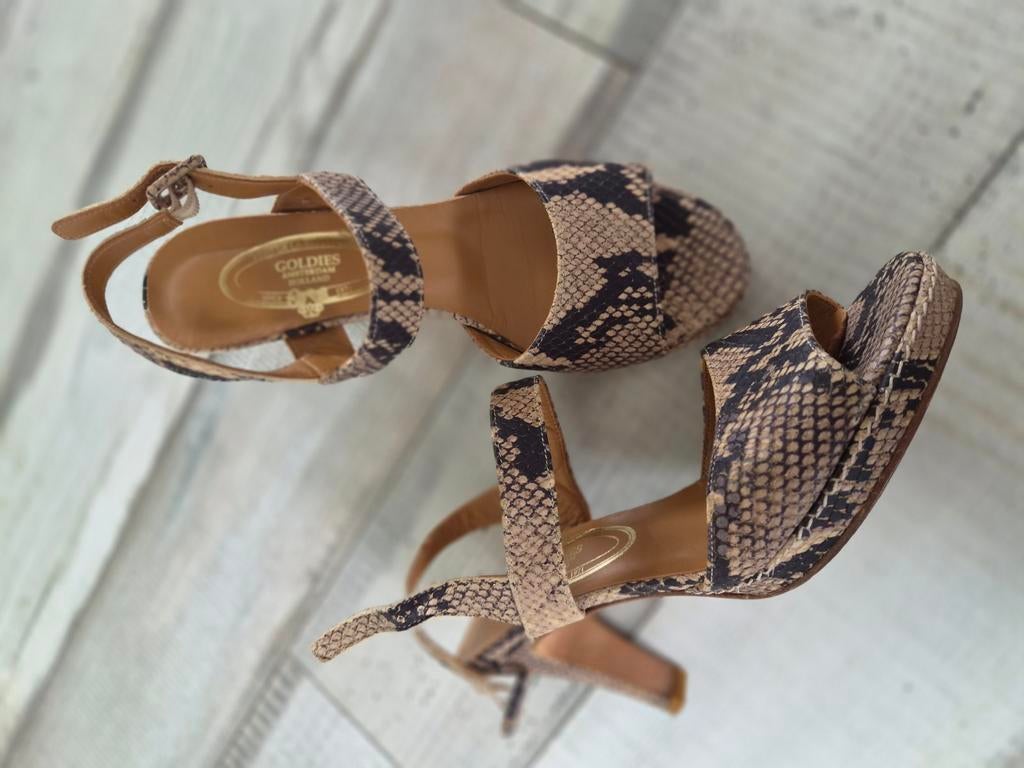 Fred de la Bretoniere sandalen met slangenprint, maat 39, Fred de la Bretoniere, Bruin, Gedragen, Sandalen of Muiltjes