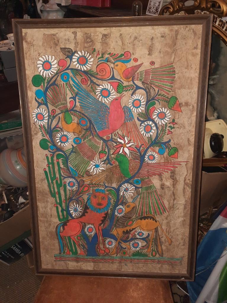 Kleurrijk Mexicaans Amate Schilderij - Dieren & Bloemen, Ophalen