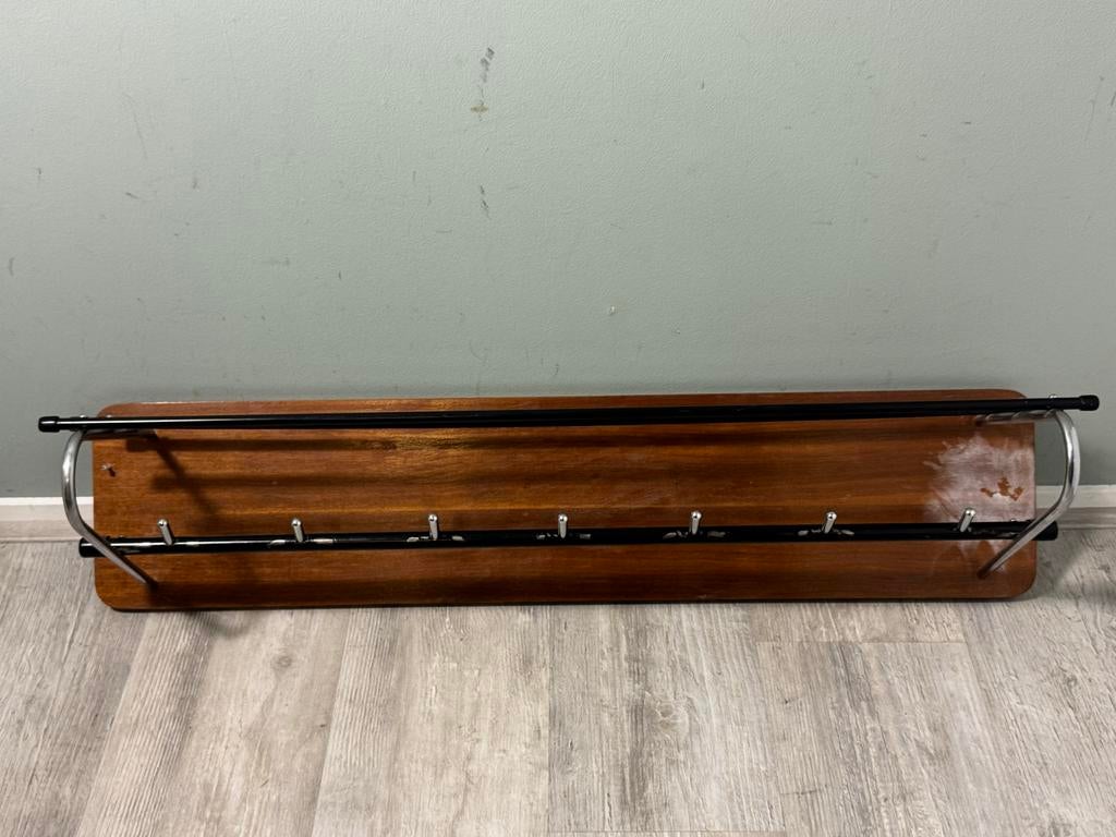 Vintage wandkapstok hout met metalen stangen en haken, Wandkapstok, Gebruikt, ?, Minder dan 100 cm