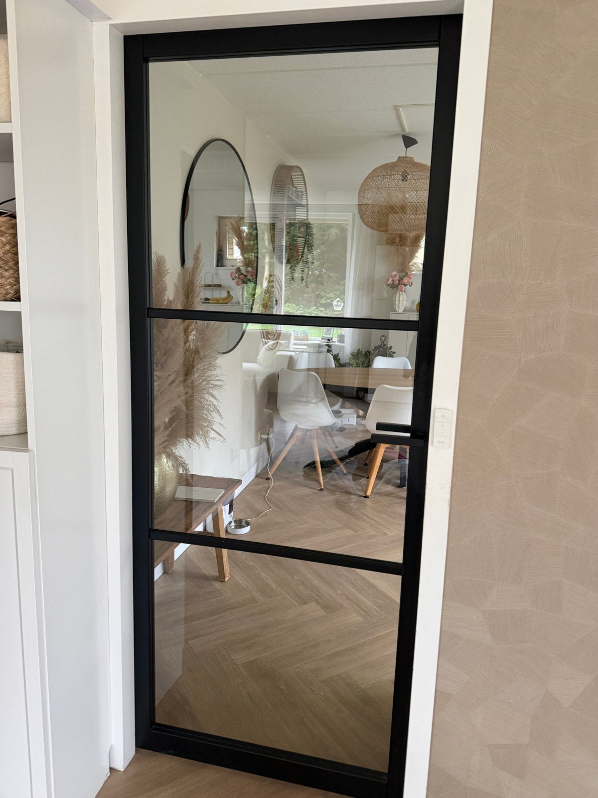 Deur met kozijn! Zwarte houten opdek binnendeur met glas, Doe-het-zelf en Verbouw, Ophalen, 80 tot 100 cm, Binnendeur, 200 tot 215 cm